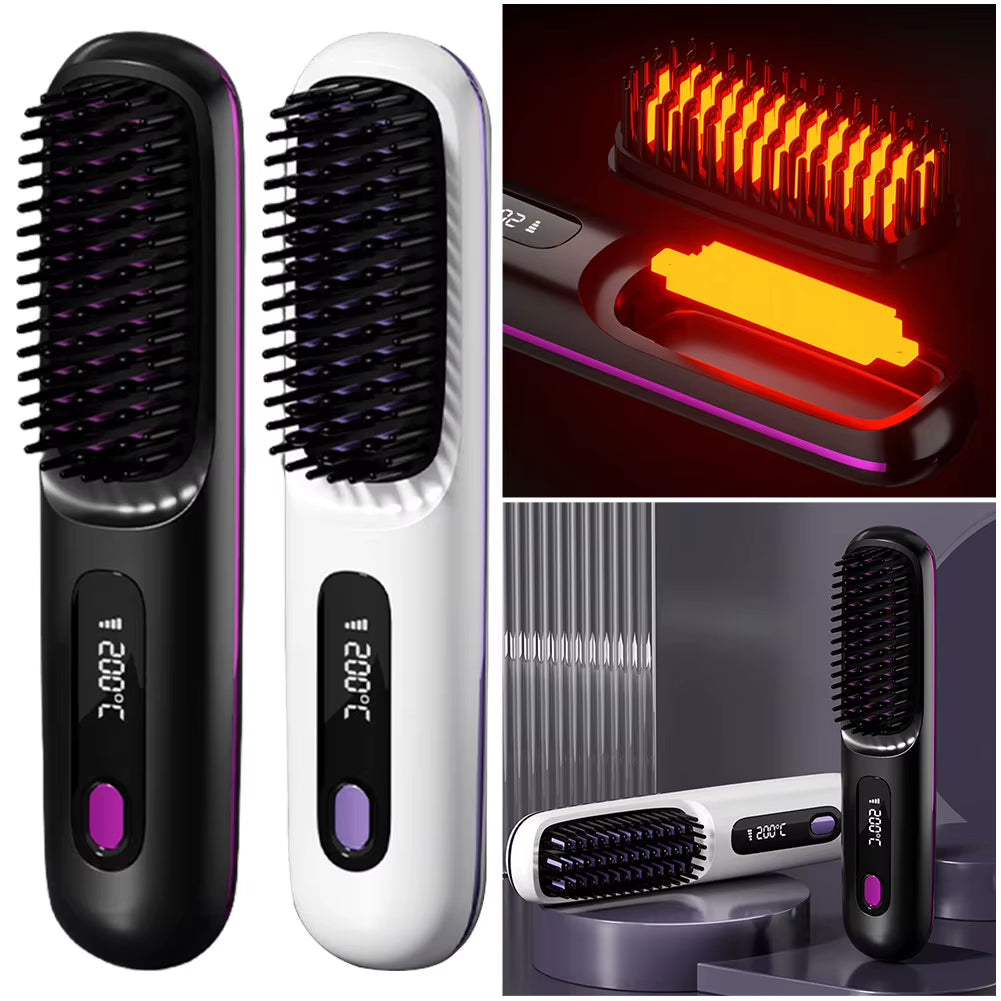 Cordless Hair Straightener Brush Anti-Scald Portable Straightening Brush Rechargeable Hair Straightener Comb for All Hair Types