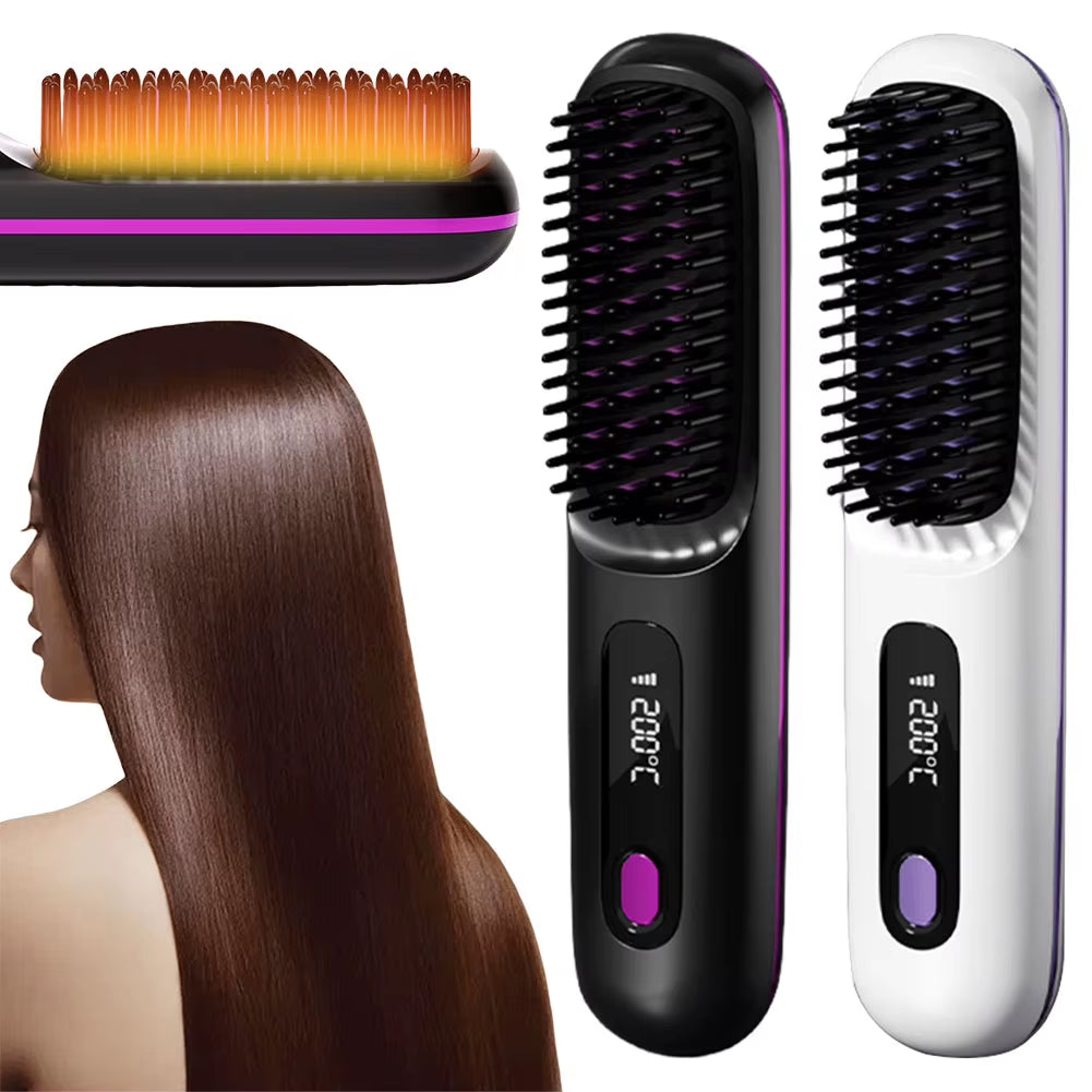 Cordless Hair Straightener Brush Anti-Scald Portable Straightening Brush Rechargeable Hair Straightener Comb for All Hair Types