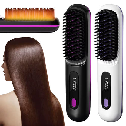 Cordless Hair Straightener Brush Anti-Scald Portable Straightening Brush Rechargeable Hair Straightener Comb for All Hair Types