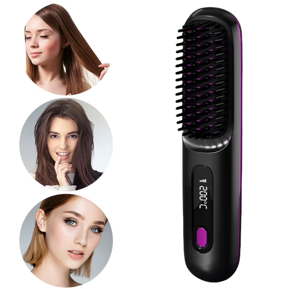 Cordless Hair Straightener Brush Anti-Scald Portable Straightening Brush Rechargeable Hair Straightener Comb for All Hair Types