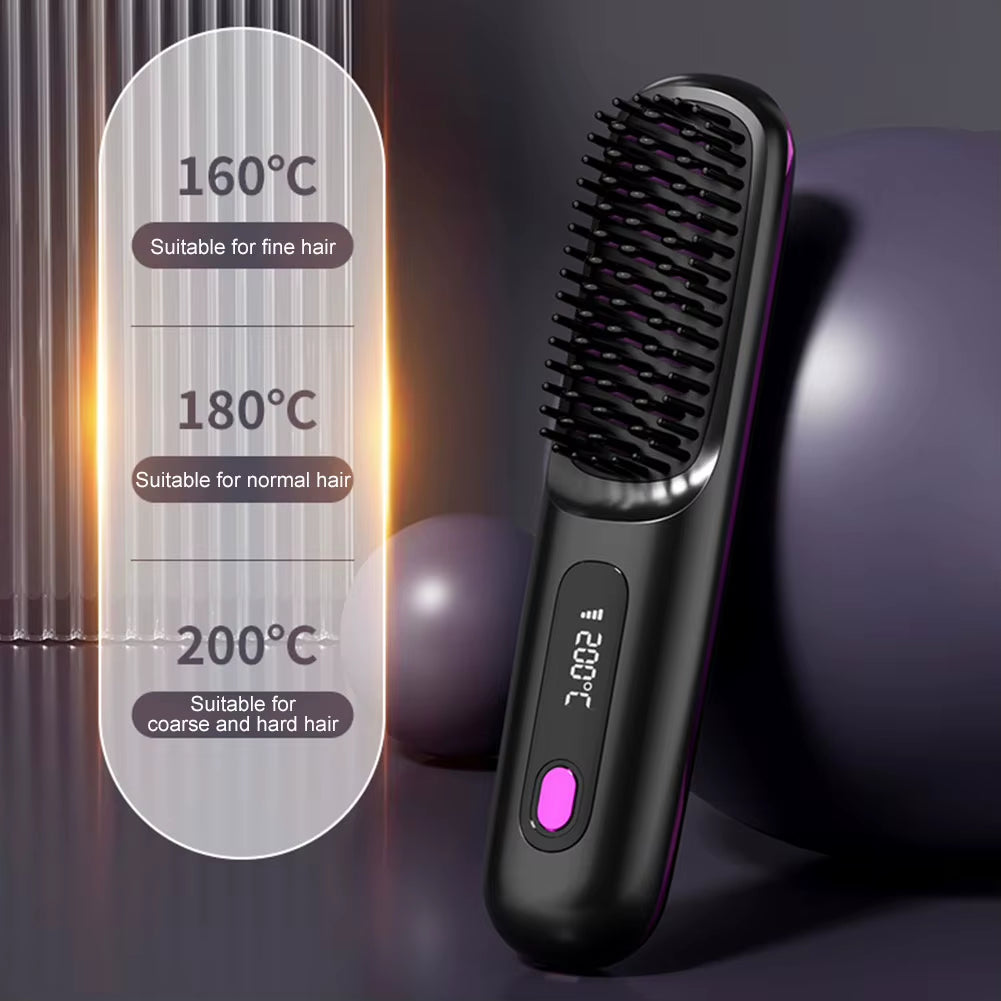 Cordless Hair Straightener Brush Anti-Scald Portable Straightening Brush Rechargeable Hair Straightener Comb for All Hair Types